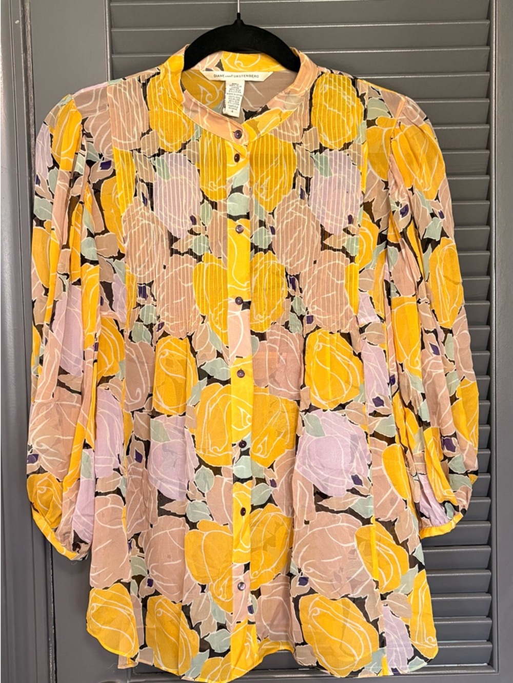 Diane Von Furstenberg Ortega  Pure Silk Blouse Top Yellow Balloon Sleeve